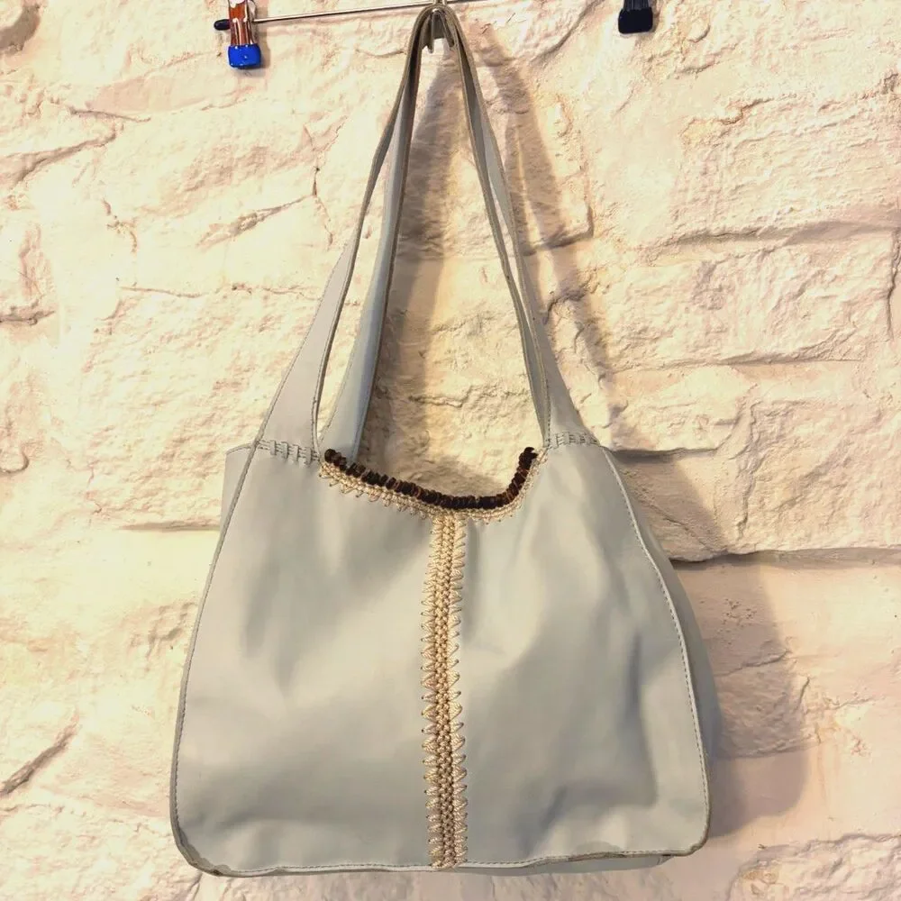The Sak Pale Blue Leather Hobo Bag Crochet Beaded Boho Y2K Shoulder Tote - READ